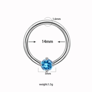 Surgical steel glow heart nipple ring with 14mm inner diameter and blue gemstone