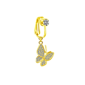 Detail of golden non-pierced butterfly ear clip with pavé white zircons and round cut crystal