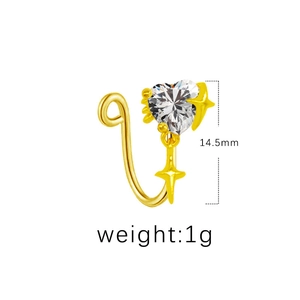 Golden heart-shaped nose ring with heart zircon and star pendant, 14.5mm height