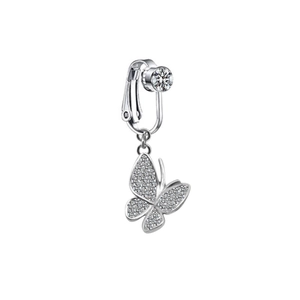 Silver clip-on navel ring featuring a sparkling butterfly pendant with white zircons