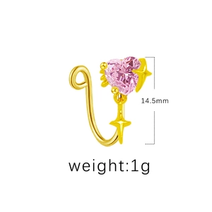 U-shaped gold nose clip with pink heart gemstone and gold star detail, 14.5mm size