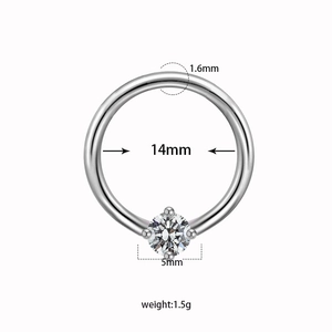Detailed view of silver nipple ring with 14mm inner diameter and 5mm clear zircon stone