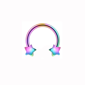 Rainbow horseshoe nose ring with star ends made of iridescent stainless steel piercing