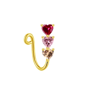 Detail of gold clip-on nose ring with three gradient heart-shaped gemstones in 4-prong setting