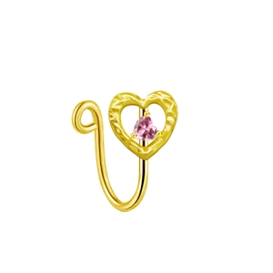Close-up of gold heart-shaped fake nose ring with pink gemstone and hammered texture