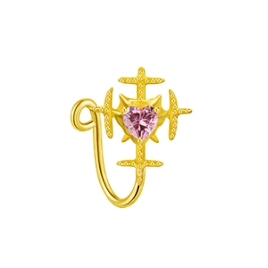 Detail of gold fake nose ring featuring a pink heart stone and cross motifs