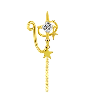 Detail of gold nose cuff with square zircon star design and dangling star chain charm