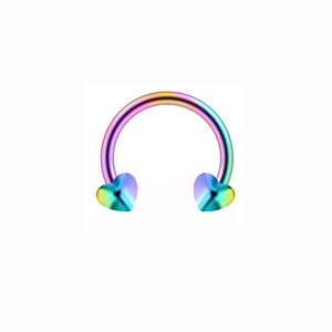 Punk style rainbow horseshoe nose ring with heart shaped ends in colorful metal finish