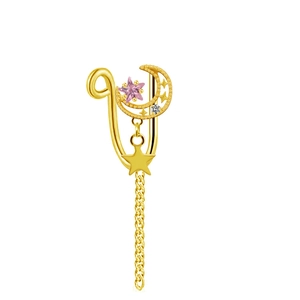 Detailed view of a gold U-shaped non-piercing nose ring with moon and pink star tassel