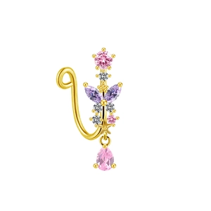 Golden butterfly nose cuff with pink teardrop crystal and colorful stones, no piercing
