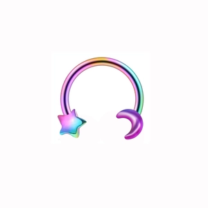Rainbow stainless steel horseshoe nose ring with star and moon charms on white background