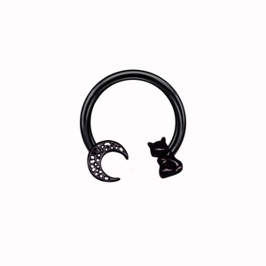 Punk black stainless steel septum nose ring featuring a crescent moon and cat design