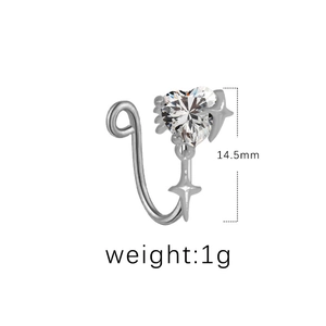 Silver U-shaped heart zircon nose ring fake piercing with star charm, 14.5mm height