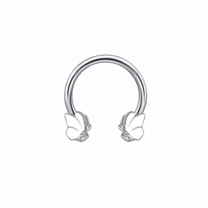 Silver horseshoe nose ring with symmetric white butterfly design for punk piercings