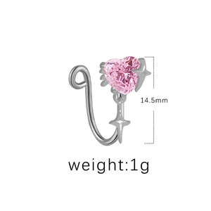 Silver U-shaped fake nose ring with pink heart zircon and star detail 14.5mm size