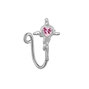 Detail of silver U-shaped fake nose ring with pink heart zircon and cross star design
