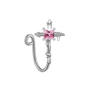 Detail of silver nose clip featuring pink square zircon and cross wrap design