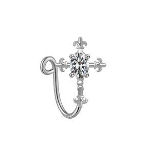 Detailed view of silver U-shaped fake nose ring with cross design and oval zircon stone