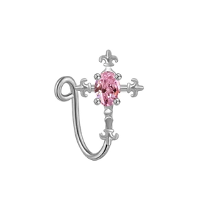 Detail of silver U-shaped fake nose ring with fleur-de-lis cross and pink oval gemstone