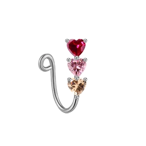 Silver non-pierced U-shaped fake nose ring with red, pink, and champagne heart zircons