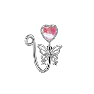 Silver non-piercing U-shaped nose ring with pink heart opal and zircon butterfly charm