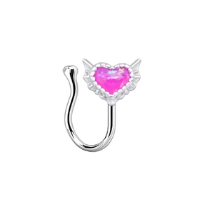 Detailed close-up of a silver non-pierced heart nose ring with pink fire opal stones
