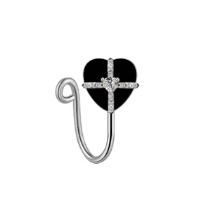 U-shaped heart nose ring in silver finish with black texture and clear zircon stone