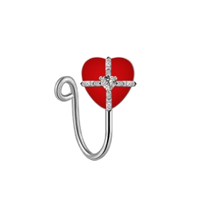 Elegant silver U-shaped fake nose ring with red heart oil drip and zircon inlay