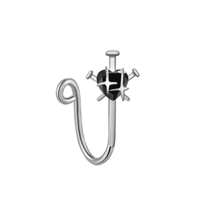 Detail of silver U-shaped non-piercing nose clip with black heart gem and punk studs