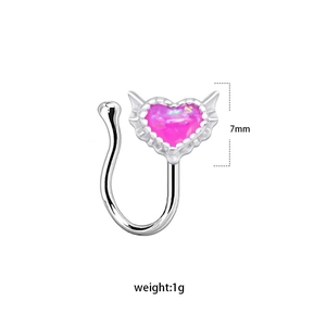 Pink opal heart fake nose ring in silver finish for non-pierced wear, 7mm height