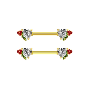 Macro detail of gold nipple rings with heart zircons and delicate red rose flowers