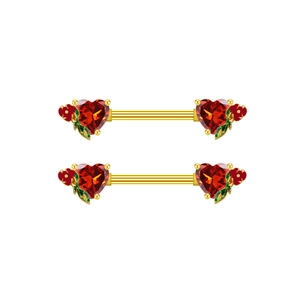 Detailed view of gold nipple rings with heart rubies and floral leaf accents