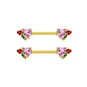 Golden heart-shaped nipple ring with pink zircon and red floral enamel details