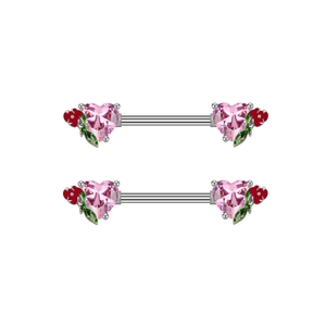 Detail of pink heart crystal nipple rings with red flower enamel and steel bars