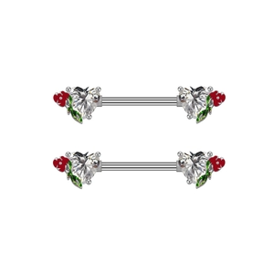 Pair of heart zircon and red rose nipple rings in stainless steel on white background