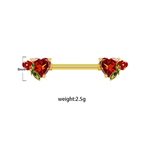 Golden heart nipple ring with red zircon flowers and enamel leaf design on white background