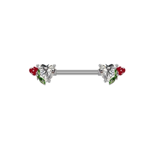 Detail of silver nipple barbells with heart-shaped zircon and small red rose floral accents