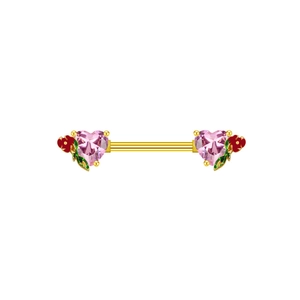 Macro shot of gold nipple ring featuring pink heart zircon with red enamel floral details