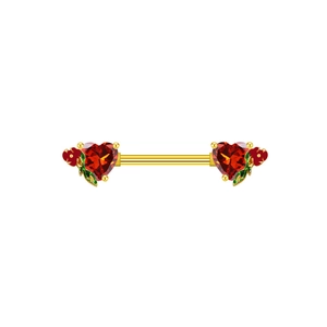 Detail view of heart-shaped red zircon nipple ring with floral leaf gold plating
