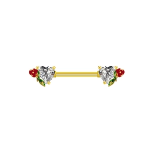 Detail of heart-shaped zircon nipple ring with floral enamel and golden piercing bar