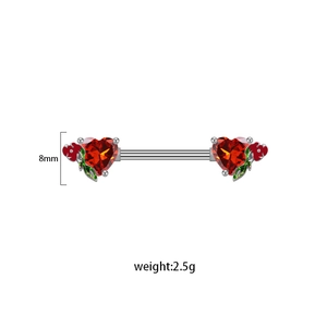 Detail view of heart nipple ring with red zircon and floral enamel showing 8mm height dimension