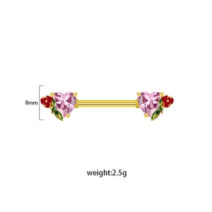 Sexy golden heart nipple ring with pink crystals and floral relief, size 8mm, weight 2.5g