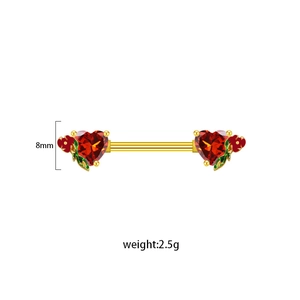 Detail view of heart nipple ring with red crystals and floral enamel measuring 8mm