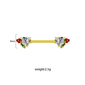 Detail of heart zircon nipple ring with floral enamel and 8mm height measurement
