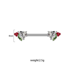 Detailed view of silver heart nipple ring with red floral accents and 8mm size mark