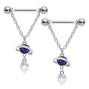 Detail of nipple ring barbell with silver planet and alien charms on V-shaped chains
