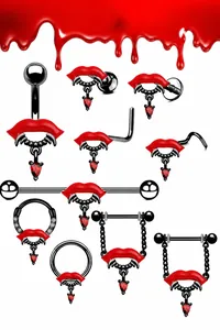 Gothisches Vampir-Lippen-Piercingset mit rotem Herz-Zirkon in schwarz beschichtet