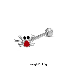 Vue détaillée du piercing de langue crabe en argent de 7mm avec émail rouge et poids
