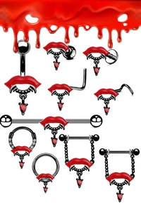 Makroaufnahme von Vampir-Lippenpiercing-Set mit rotem Herzzirkon und schwarzem Finish