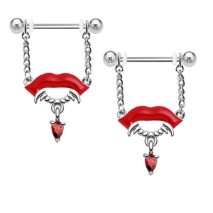 Vampir-Nippelringe mit roten Lippen, Fangzähnen und Herz-Zirkonia aus Edelstahl